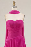 Fuchsia A Line Strapless Pleated Short Homecoming Dress with Scarf