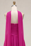Fuchsia A Line Strapless Pleated Short Homecoming Dress with Scarf