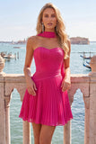 Fuchsia A Line Strapless Pleated Short Homecoming Dress with Scarf
