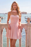 Fuchsia A Line Strapless Pleated Short Homecoming Dress with Scarf