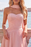 Fuchsia A Line Strapless Pleated Short Homecoming Dress with Scarf