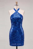 Royal Blue Sequin Halter Bodycon Short Homecoming Dress