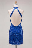 Royal Blue Sequin Halter Bodycon Short Homecoming Dress