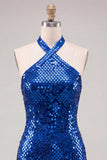 Royal Blue Sequin Halter Bodycon Short Homecoming Dress