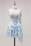 Light Blue 2-Piece Beaded Corset Short Homecoming Dress with Scarf