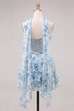 Light Blue 2-Piece Beaded Corset Short Homecoming Dress with Scarf