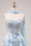 Light Blue 2-Piece Beaded Corset Short Homecoming Dress with Scarf