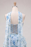 Light Blue 2-Piece Beaded Corset Short Homecoming Dress with Scarf