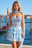 Light Blue 2-Piece Beaded Corset Short Homecoming Dress with Scarf