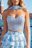 Light Blue 2-Piece Beaded Corset Short Homecoming Dress with Scarf