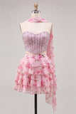 Light Blue 2-Piece Beaded Corset Short Homecoming Dress with Scarf