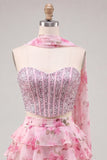 Light Blue 2-Piece Beaded Corset Short Homecoming Dress with Scarf