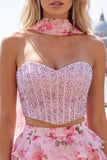 Light Blue 2-Piece Beaded Corset Short Homecoming Dress with Scarf