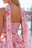 Light Blue 2-Piece Beaded Corset Short Homecoming Dress with Scarf