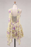Light Blue 2-Piece Beaded Corset Short Homecoming Dress with Scarf