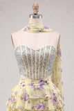 Light Blue 2-Piece Beaded Corset Short Homecoming Dress with Scarf