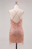 Gold Halter Bodyocn Sequin Short Homecoming Dress with Fringes