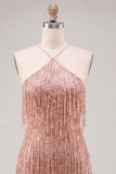 Gold Halter Bodyocn Sequin Short Homecoming Dress with Fringes