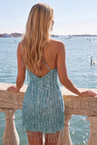 Gold Halter Bodyocn Sequin Short Homecoming Dress with Fringes