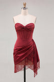 Strapless Fuchsia Fringed Ruched Bodycon Corset Homecoming Dress