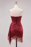 Strapless Fuchsia Fringed Ruched Bodycon Corset Homecoming Dress