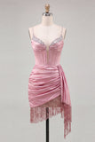 Bodycon Beaded Corset Pink Homecoming Dress with Fringes