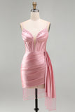 Bodycon Beaded Corset Pink Homecoming Dress with Fringes