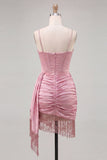 Bodycon Beaded Corset Pink Homecoming Dress with Fringes
