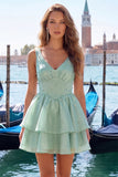 Sage Green V Neck A Line Homecoming Dress with Pearls
