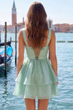 Sage Green V Neck A Line Homecoming Dress with Pearls