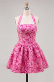 Halter Yellow Jacquard A Line Short Homecoming Dress