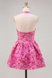 Halter Yellow Jacquard A Line Short Homecoming Dress