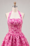 Halter Yellow Jacquard A Line Short Homecoming Dress