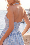 Halter Yellow Jacquard A Line Short Homecoming Dress