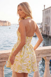 Halter Yellow Jacquard A Line Short Homecoming Dress