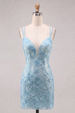 Navy Floral Beaded Bodycon Short Homecoming Dress
