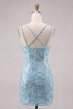 Navy Floral Beaded Bodycon Short Homecoming Dress