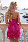 Pink and Yellow Strapless Bodycon Sequin Homecoming Dress with Fringes