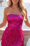 Pink and Yellow Strapless Bodycon Sequin Homecoming Dress with Fringes