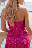 Pink and Yellow Strapless Bodycon Sequin Homecoming Dress with Fringes