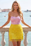 Pink and Yellow Strapless Bodycon Sequin Homecoming Dress with Fringes