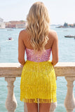 Pink and Yellow Strapless Bodycon Sequin Homecoming Dress with Fringes