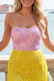 Pink and Yellow Strapless Bodycon Sequin Homecoming Dress with Fringes