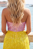 Pink and Yellow Strapless Bodycon Sequin Homecoming Dress with Fringes