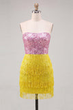 Pink and Yellow Strapless Bodycon Sequin Homecoming Dress with Fringes