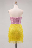 Pink and Yellow Strapless Bodycon Sequin Homecoming Dress with Fringes