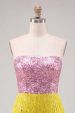 Pink and Yellow Strapless Bodycon Sequin Homecoming Dress with Fringes