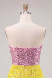 Pink and Yellow Strapless Bodycon Sequin Homecoming Dress with Fringes