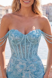 Off the Shoulder Bodycon Beaded Applique Corset Blue Homecoming Dress