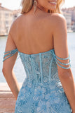 Off the Shoulder Bodycon Beaded Applique Corset Blue Homecoming Dress